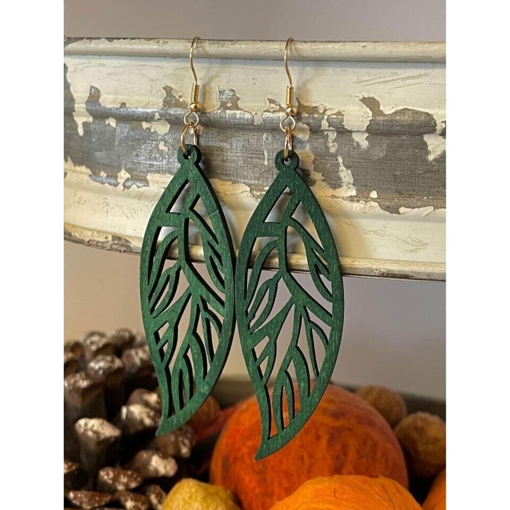 Hollow Out Wooden Leaf Drop Earrings, Green, Long Dangle Earrings, Plant Jewelry